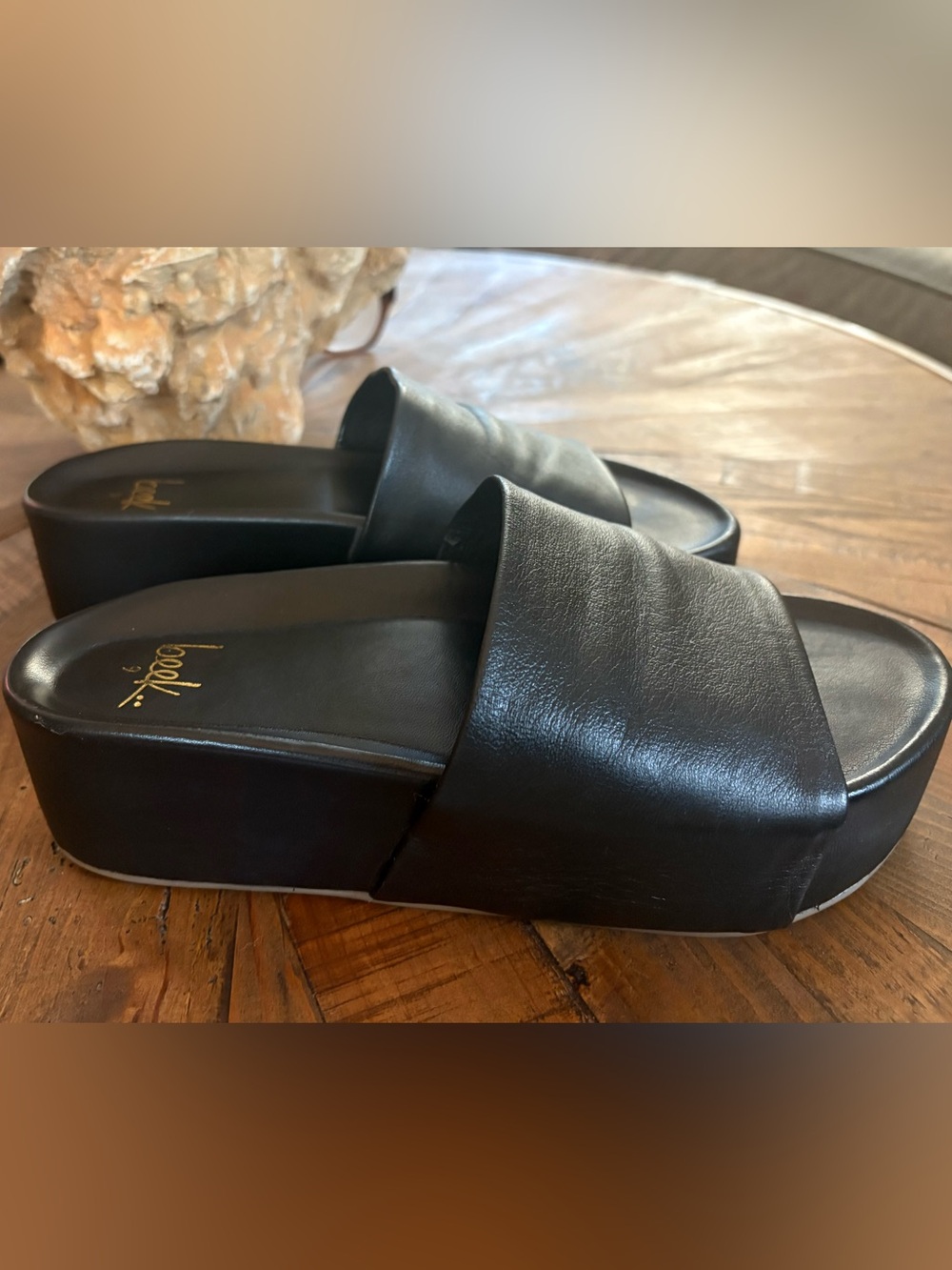 Beek Albatross Black Leather Platform Slides 9